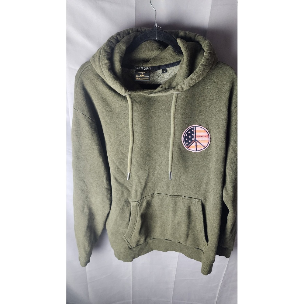 Superdry Pride in Craft Mens Hoodie Olive Green Peace Sign Flag Patch L